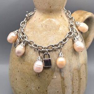 Silver Tone Pale Pink Freshwater Pearl Padlock Charm Bracelet Toggle Clasp 6.25"